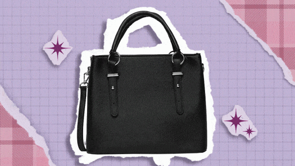 A black purse being accessorized with charms on a purple background.