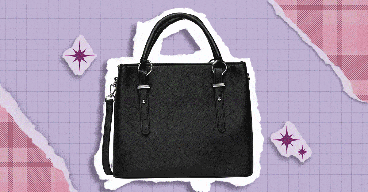 A black purse being accessorized with charms on a purple background.