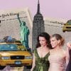 Collage of Sex and the City icons: Carrie and the cast, NYC taxis, newspaper clippings, and skyline, set against a pink backdrop.