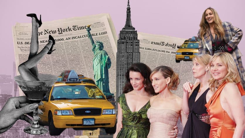 Collage of Sex and the City icons: Carrie and the cast, NYC taxis, newspaper clippings, and skyline, set against a pink backdrop.