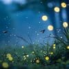Fireflies light up the night sky in a forest.