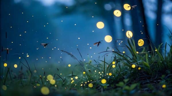 Fireflies light up the night sky in a forest.