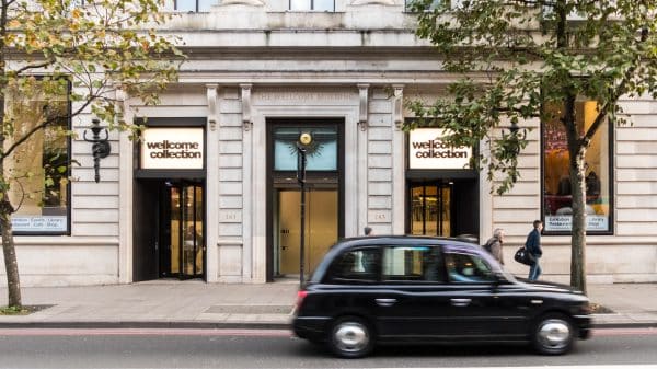 A front view of the Wellcome Collection building on Euston road in Euston