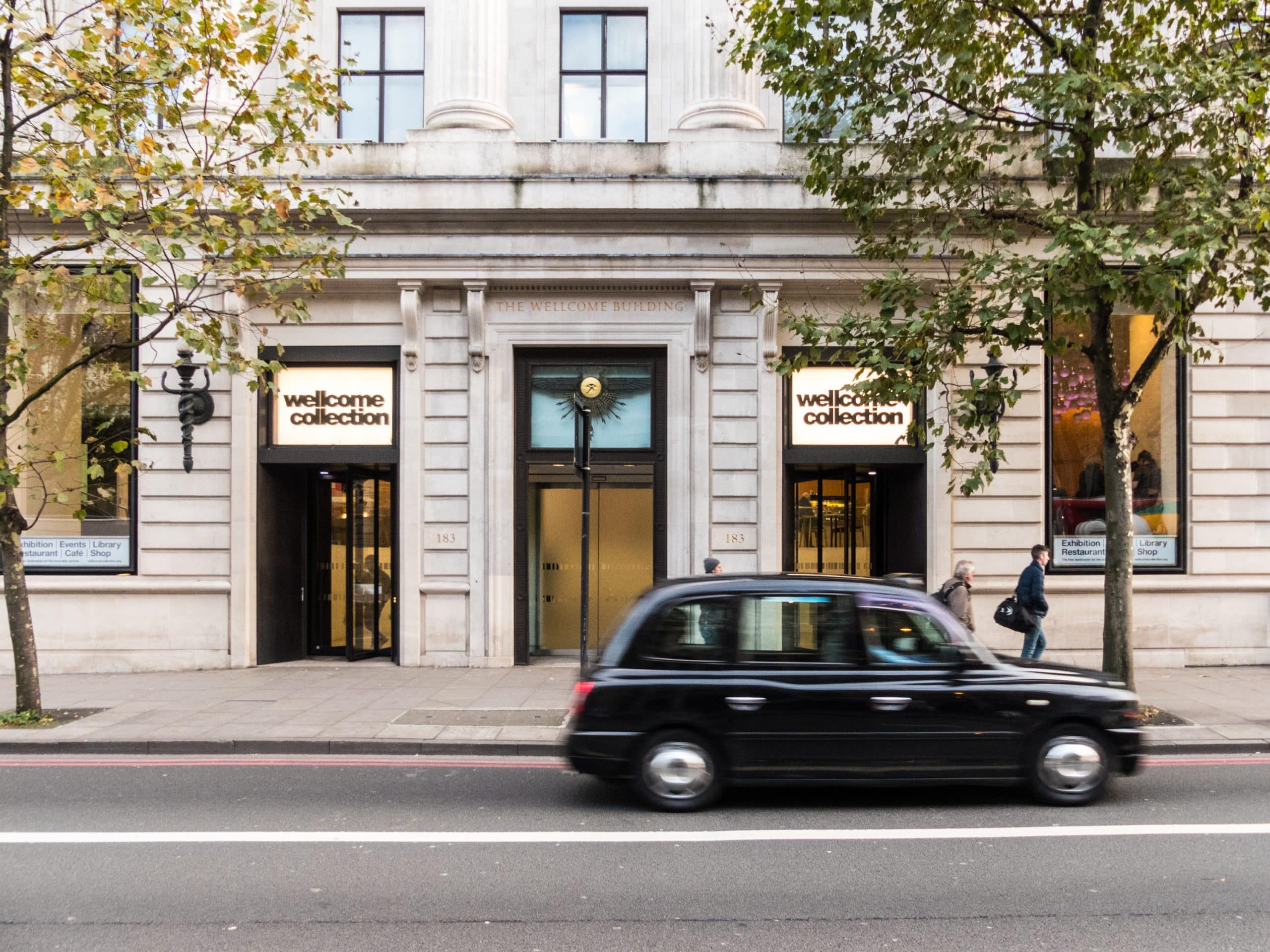 A front view of the Wellcome Collection building on Euston road in Euston