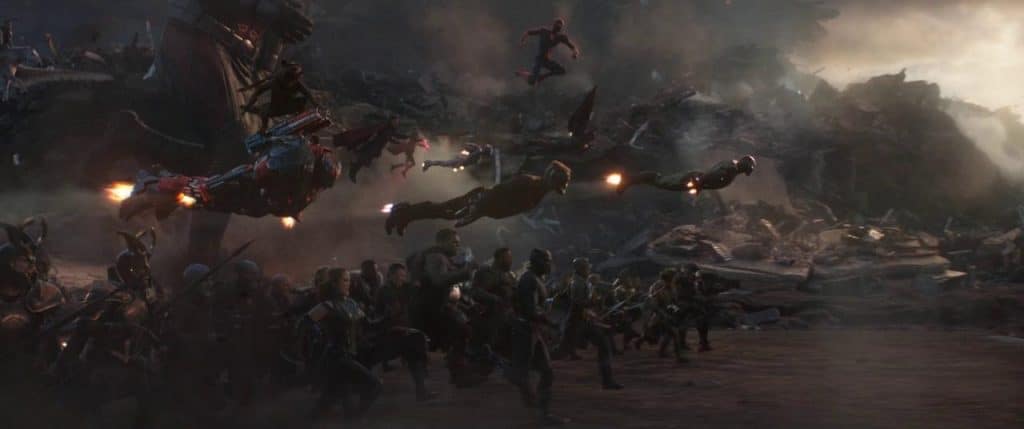 Many characters, flying and on foot, attacking Thanos' army in Endgame.