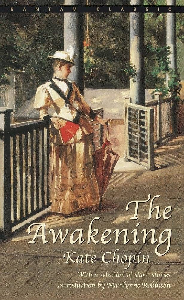 Cover of The Awakening with a woman in a dress leaning against a fence