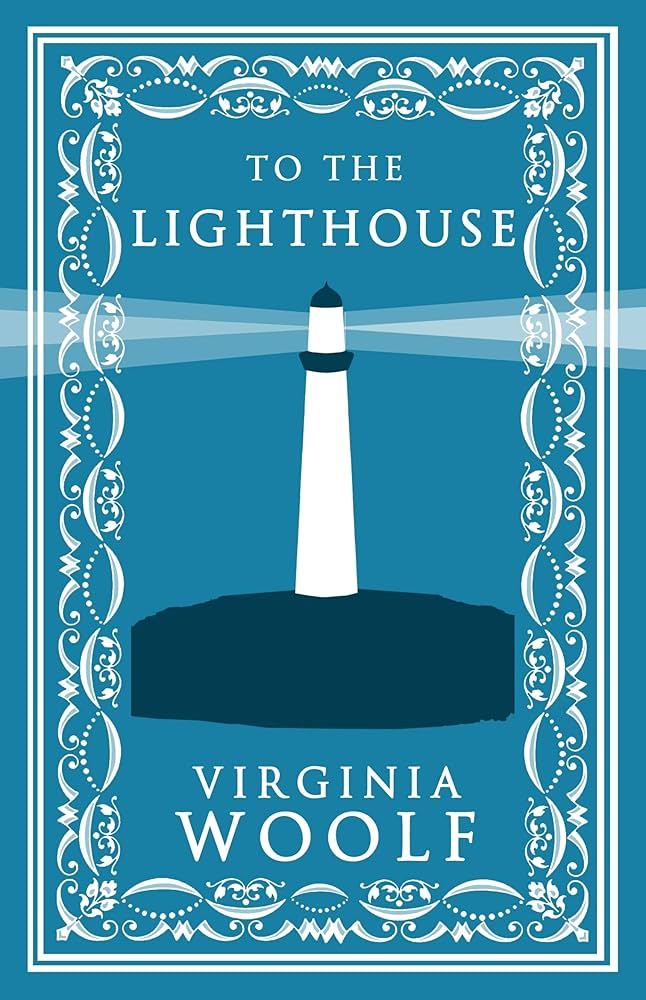 Cover of To the Lighthouse with a blue backdrop and a white lighthouse in the center