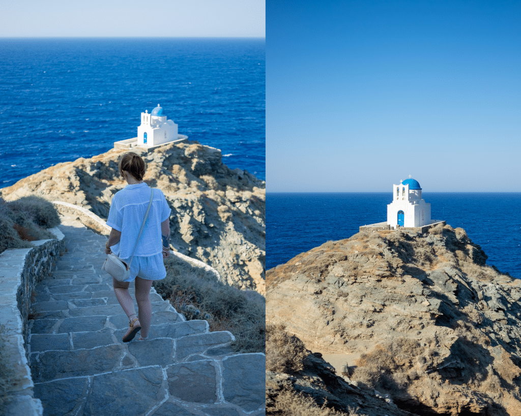 Photo of stairs and church on top of a hill on Sifnos Island
