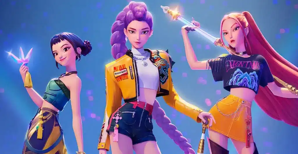 A picture of Zoey, Rumi and Mira, shown side by side with their signature styles and weapons. (Credit: Netflix)