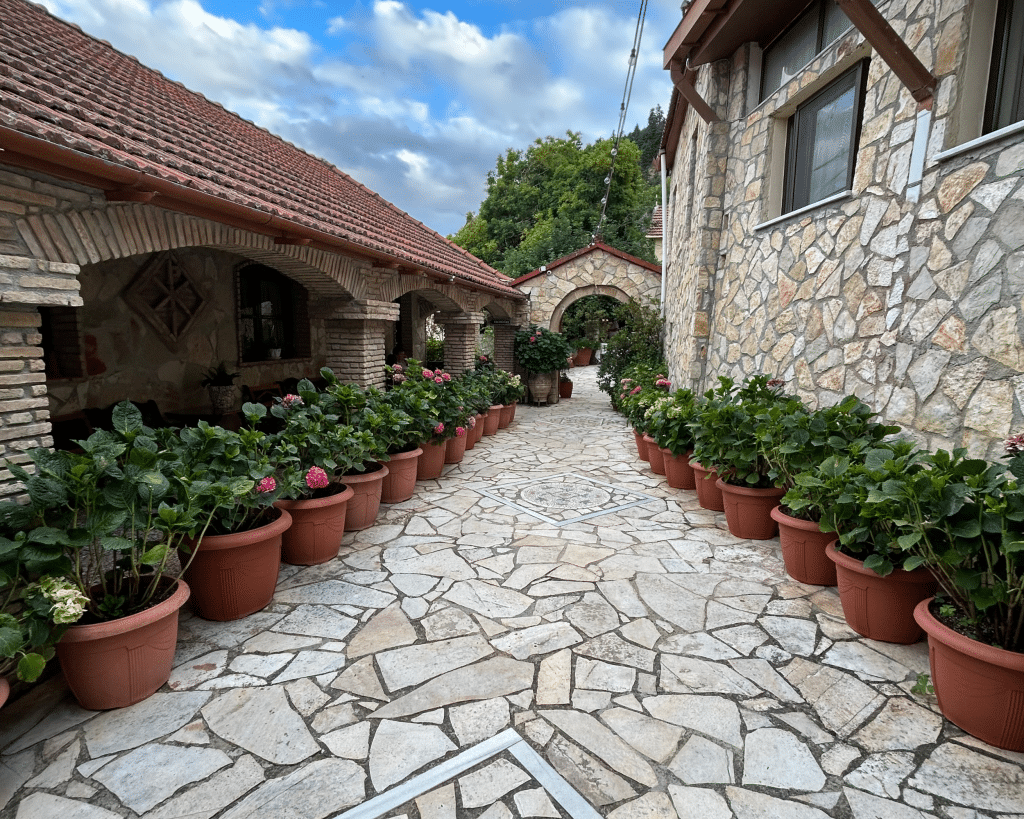 Long cobble walkway lined with green plants leading into a church