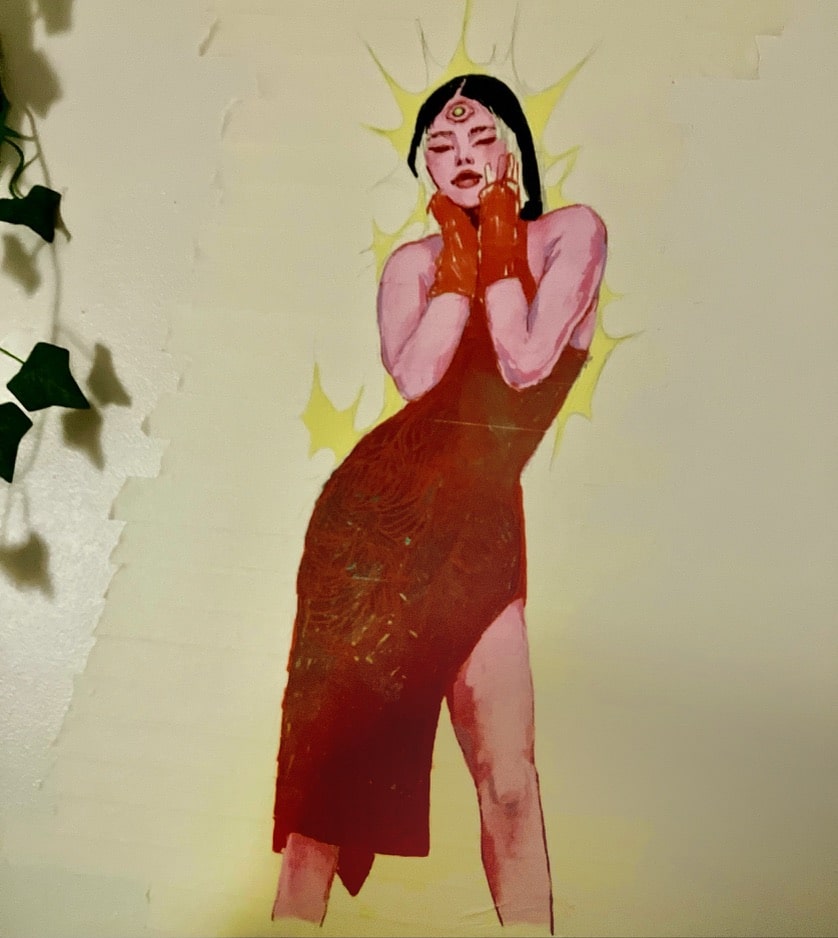 My tape painting in my Sophomore dorm. Depicts a pink woman in a red dress.