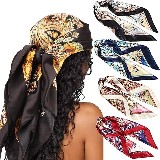 An array of bandannas - red, blue, black and green. A model is wearing the black bandanna. (Credit: DRESHOW on Amazon)