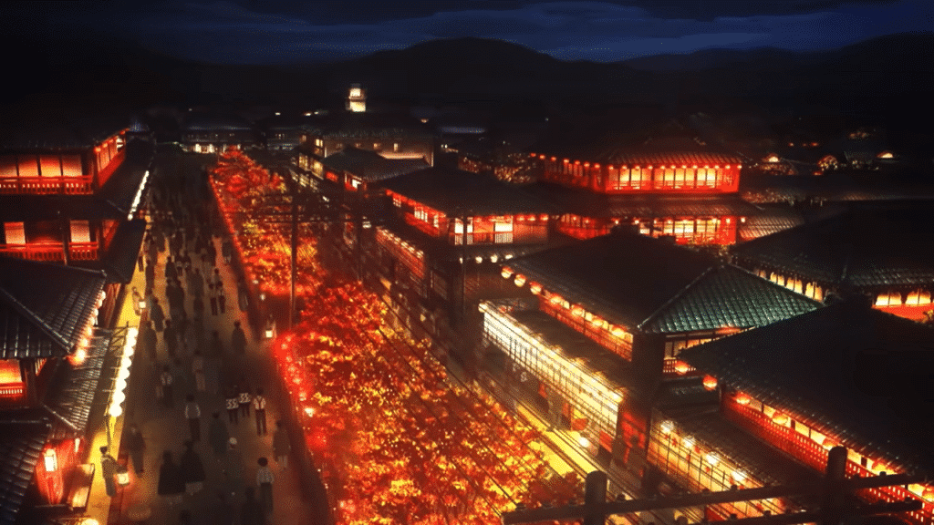 Aerial shot of Yoshiwaka's Entertainment District at night