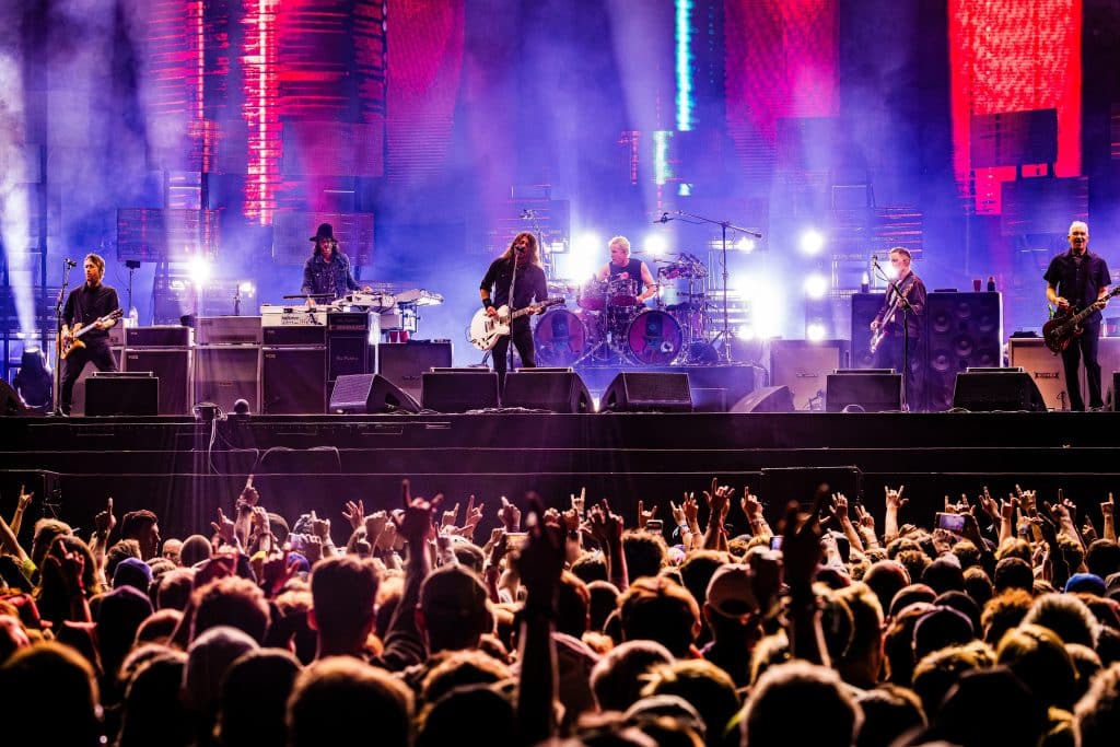 Foo Fighters (2024), from left to right: Chris Shiflett, Rami Jaffee, Dave Grohl, Josh Freese, Nate Mendel, Pat Smear