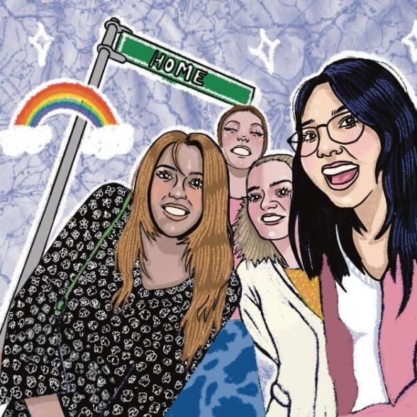 Four college girls stand under a sign that reads 'home'. They are surrounded by emojis — a sparkling heart, rainbow, round pushpin, graduation cap, and house.