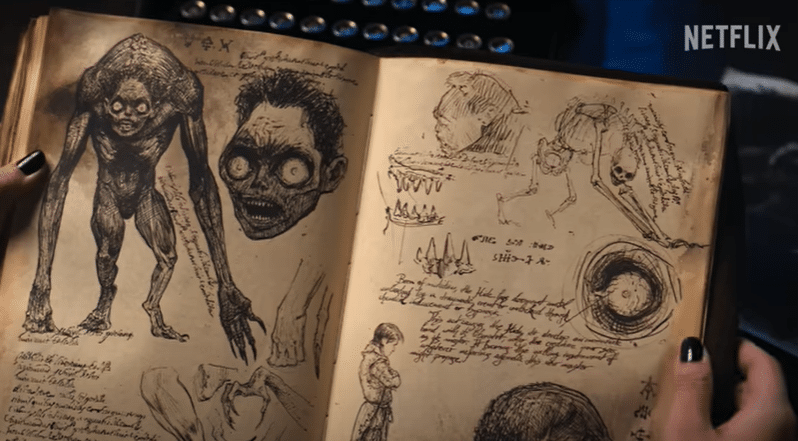 Drawings of a monster with very long limbs and huge eyes in a book.