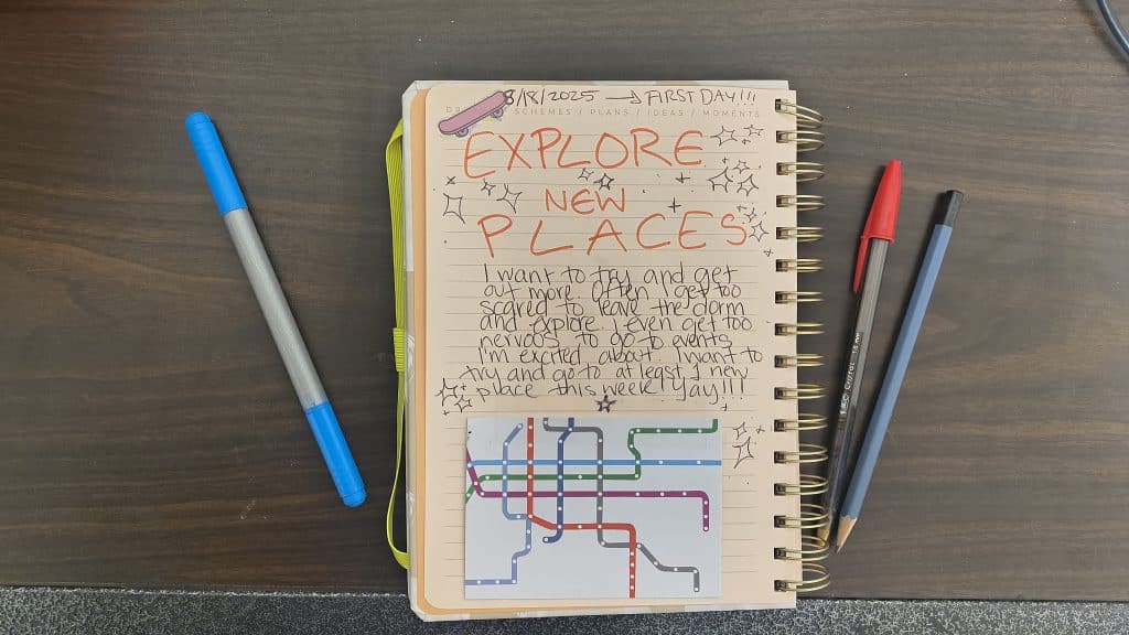 A journal page about exploring new places. It features a card at the bottom with an illustration that resembles a subway map.