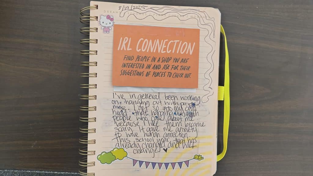 A journal page with title IRL Connection. It is about forming real connections with people, and features two character stickers around the text.