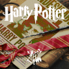 Harry Potter logo typography with wand, tie, and newspaper icons.