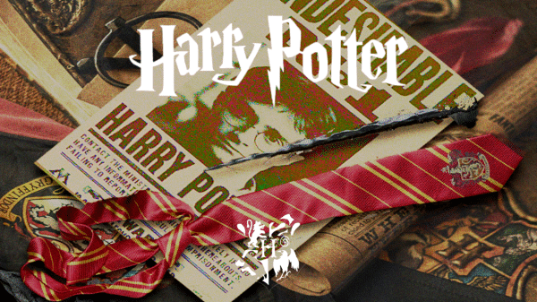 Harry Potter logo typography with wand, tie, and newspaper icons.