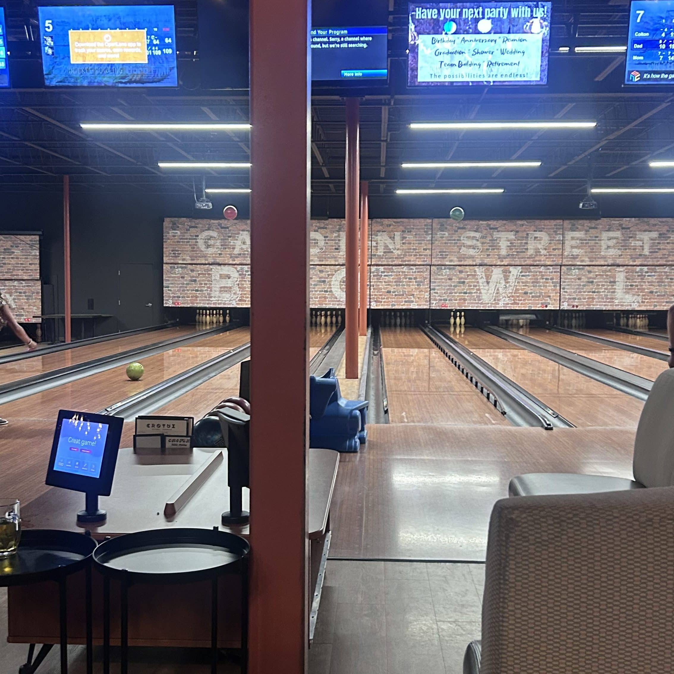 View of the bowling lanes from the dining area of Garden Street Bowl