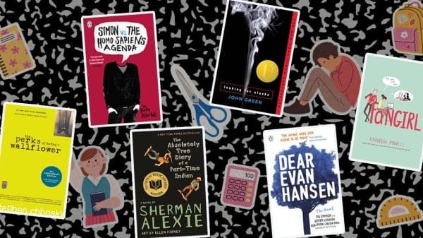 Feature image for back-to-school article featuring composition notebook background and book covers for in-article recommendations.