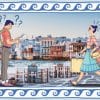 Illustration of man and woman walking in Greece