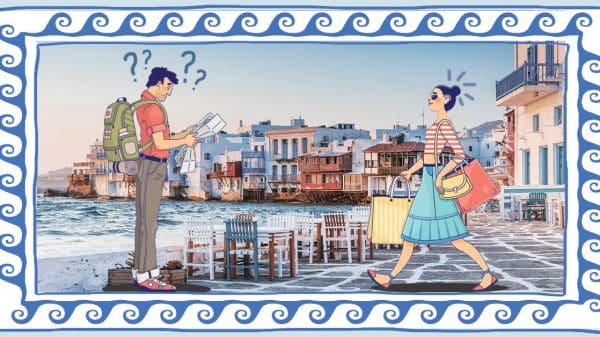 Illustration of man and woman walking in Greece