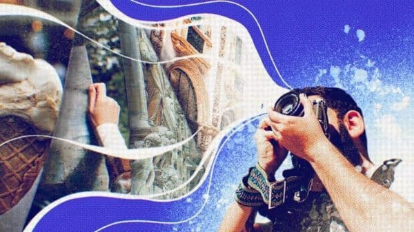 An illustration of a man holding a camera that is pointing to a collage of famous Milan landmarks.