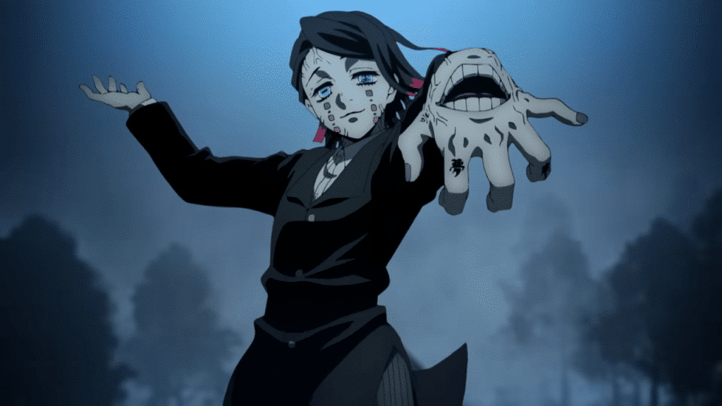 The Demon, Enmu, on top of the Mugen Train with a mocking expression.