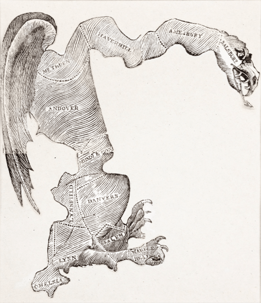 Elkanah Tisdale's drawing of a redistricted Massachusetts country depicts its shape as a salamander.