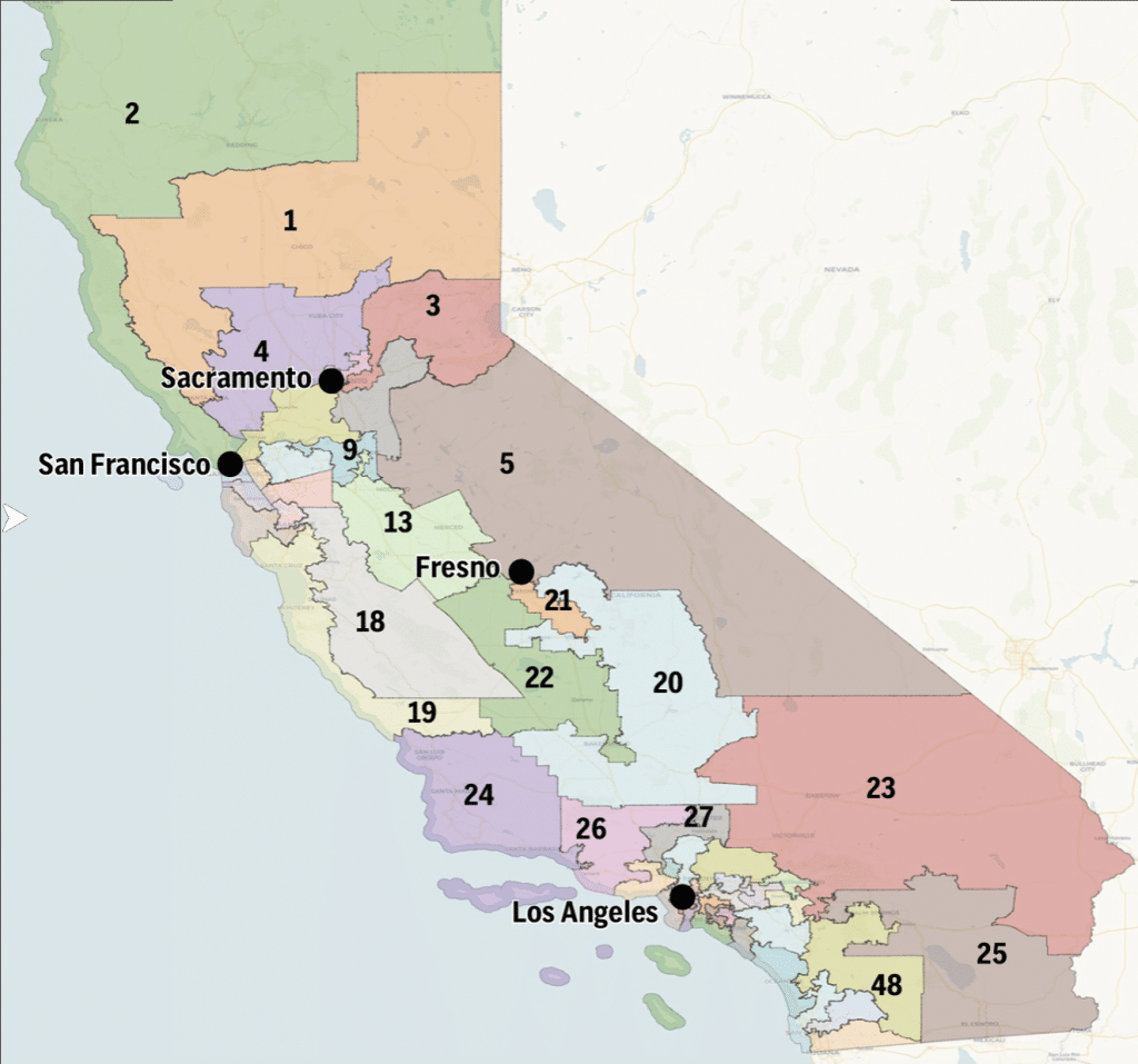 A redistricted map of California provided by Democratic Congressional Campaign Committee.