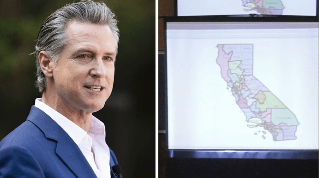 A split-screen image of Gavin Newsom on the left, and a map of California's congressional districts on the right.