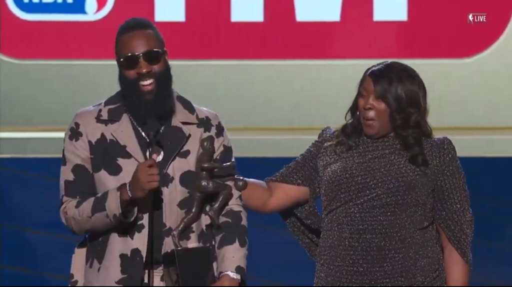 James Harden celebrates his 2018 NBA MVP award, a season where he averaged 30.4 points per game.