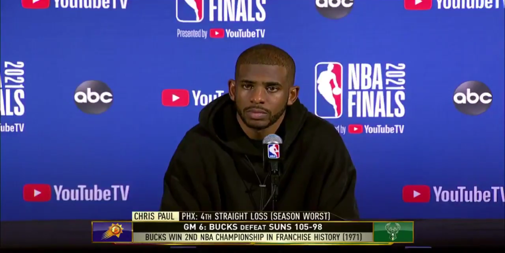 Chris Paul addresses the media after the Phoenix Suns’ tough loss to the Milwaukee Bucks in the 2021 NBA Finals.