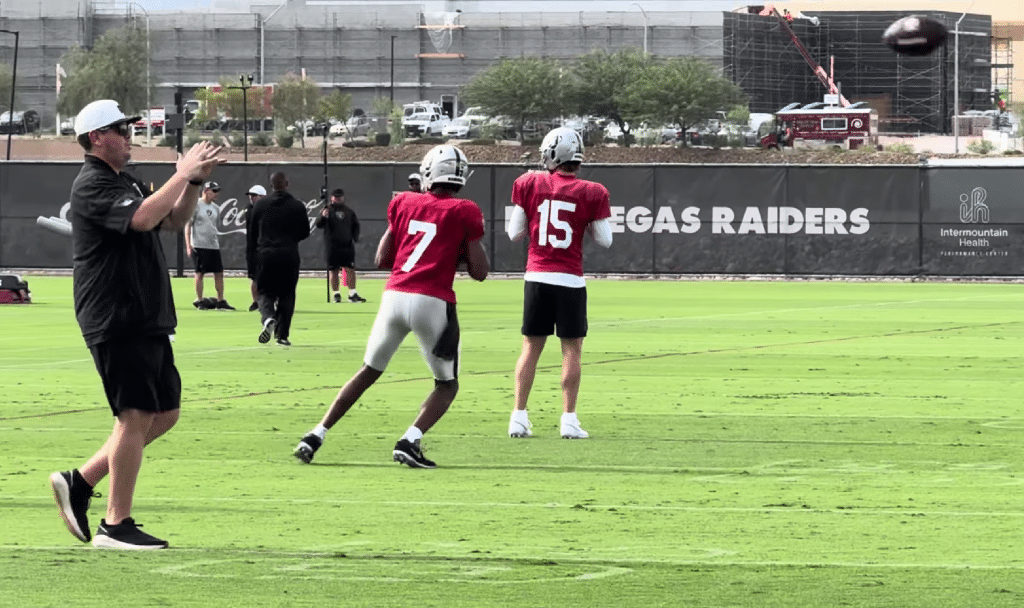 Geno Smith works alongside Kenny Pickett in practice, preparing for the 2025 campaign.