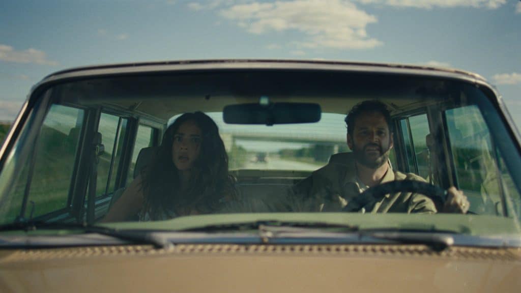 Ashley (Adria Arjona) and Carey (Kyle Marvin) hit a fork in the road. Credit: NEON.