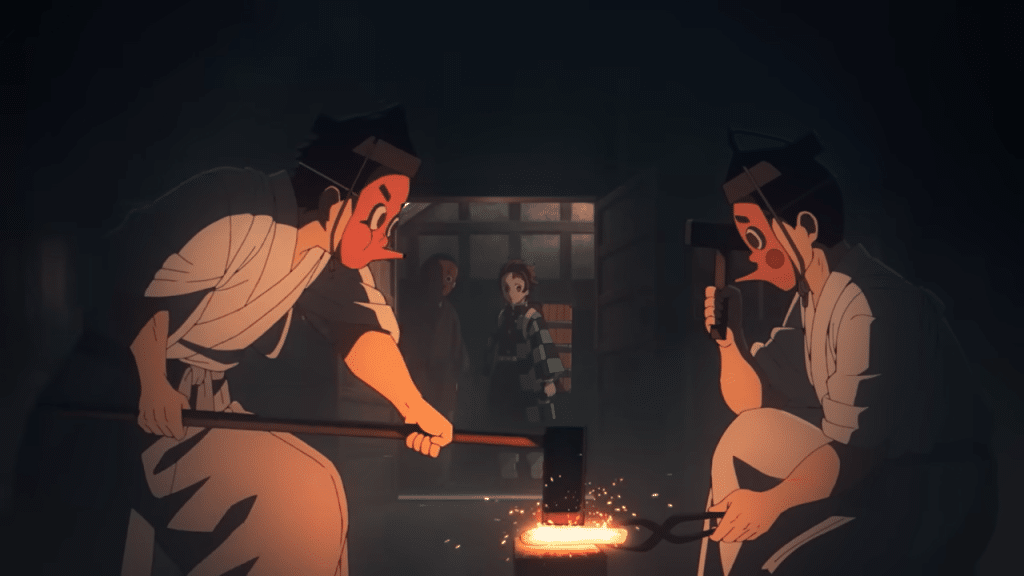 Tanjiro watching 2 Swordsmiths during a tour of the village.