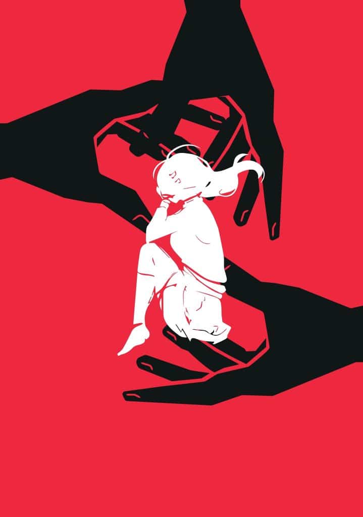 Three large contrast-black hands encroaching on curled up contrast-white coloured girl against a red outline and backdrop. It is very ominous.