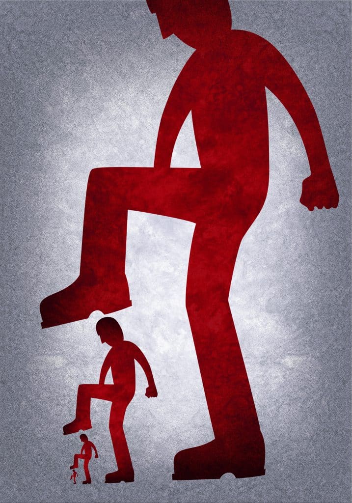 A large person stepping on a smaller person who in turn steps on a smaller person, all red on grey backdrop.