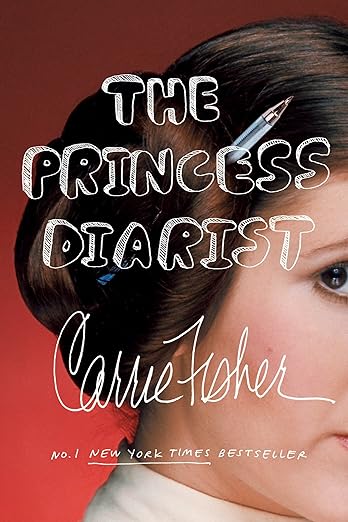 The cover shows half of Carrie Fisher's face, dressed as Princess Leia from Star Wars. In her side bun is a pen.