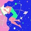 An illustration of a woman sleeping. Her hair turns into the night sky, with planets and stars orbiting around her as she dreams.