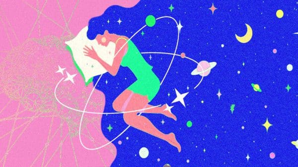 An illustration of a woman sleeping. Her hair turns into the night sky, with planets and stars orbiting around her as she dreams.