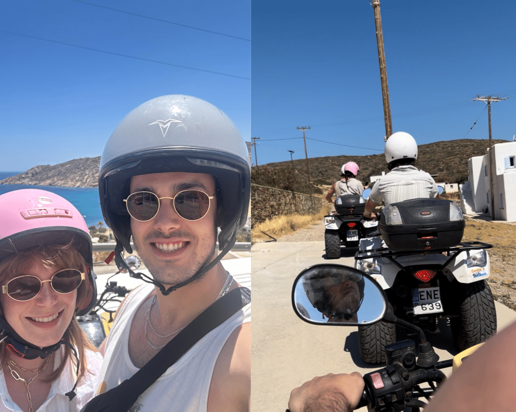 Photo of two people with helmets on and another photo of an ATV