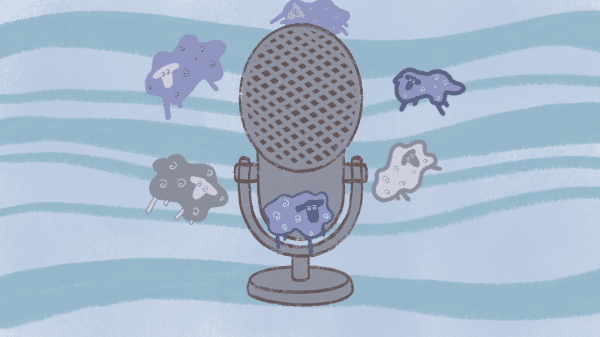 Illustration of a microphone with sheep surrounding it.