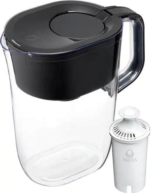 Brita pitcher with black top and filter.
