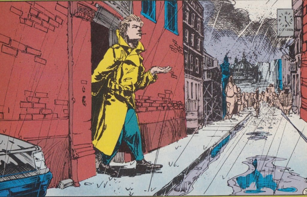 John Constantine (white, blonde, slim) wearing his signature trench coat and smoking a cigarette while walking outside in the London rain.