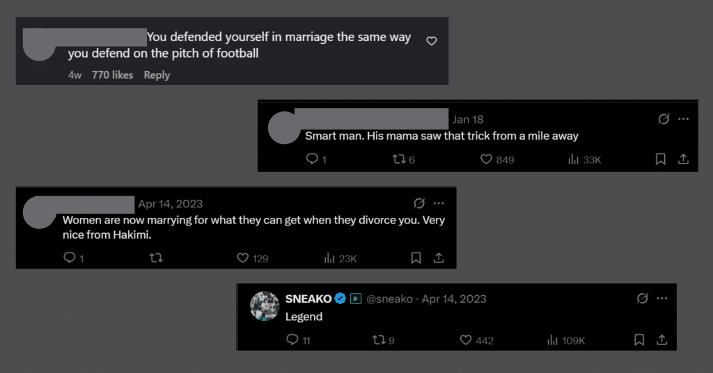 Comments on social media about Acraf Hakimi's divorce.