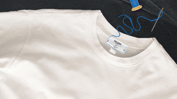 Animated GIF showing a series of men's tops. Each frame displays a different shirt in a minimalist, flat-lay format, with visible stitching details and brand labels. A sewing needle and blue thread animate across the screen, emphasizing craftsmanship and subtle branding.