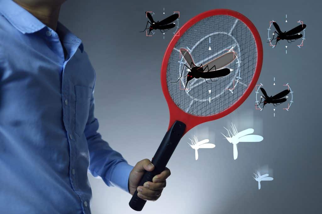 Man holds a bug zapper up to bugs.